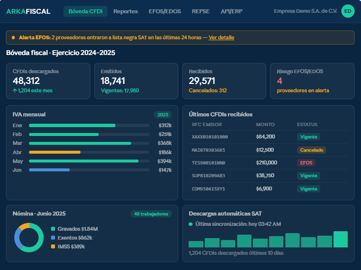 ArkaFiscal: descarga SAT, validación EFOS y conciliación ERP